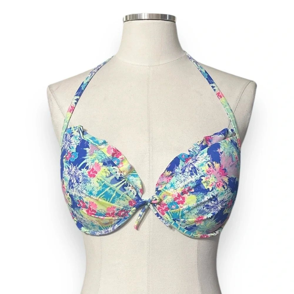 VICTORIA’S SECRET Multi-Color Neon Push-Up Halter Bikini Top 36C Ruffle Edge